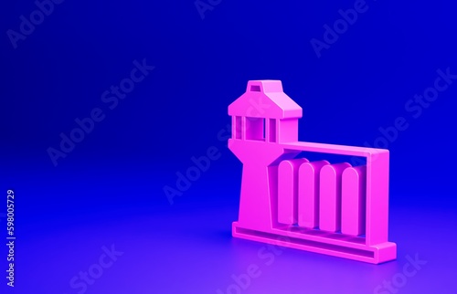 Pink Airport control tower icon isolated on blue background. Minimalism concept. 3D render illustration