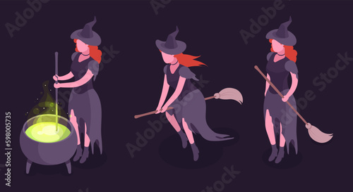 Isometric witch. Witchcraft magician character, redhead witch flies on broomstick and brews potion in cauldron 3d vector illustration set