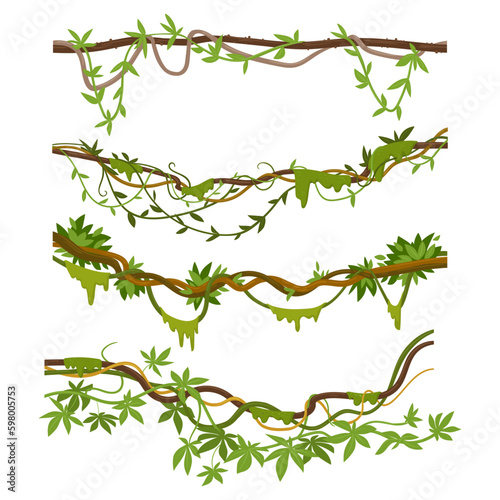 Jungle liana plants. Cartoon tropical climbing creepers branches with moss. Rainforest liana vines flat vector illustrations set