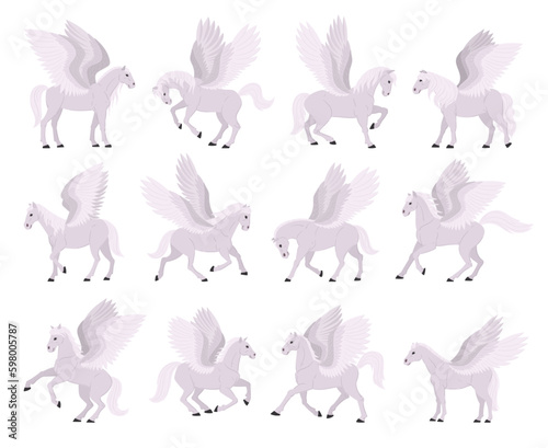 Cartoon pegasus. Magical winged horses, fairy graceful horse with wings, flying mythology animals flat vector illustration set. Beautiful pegasus collection