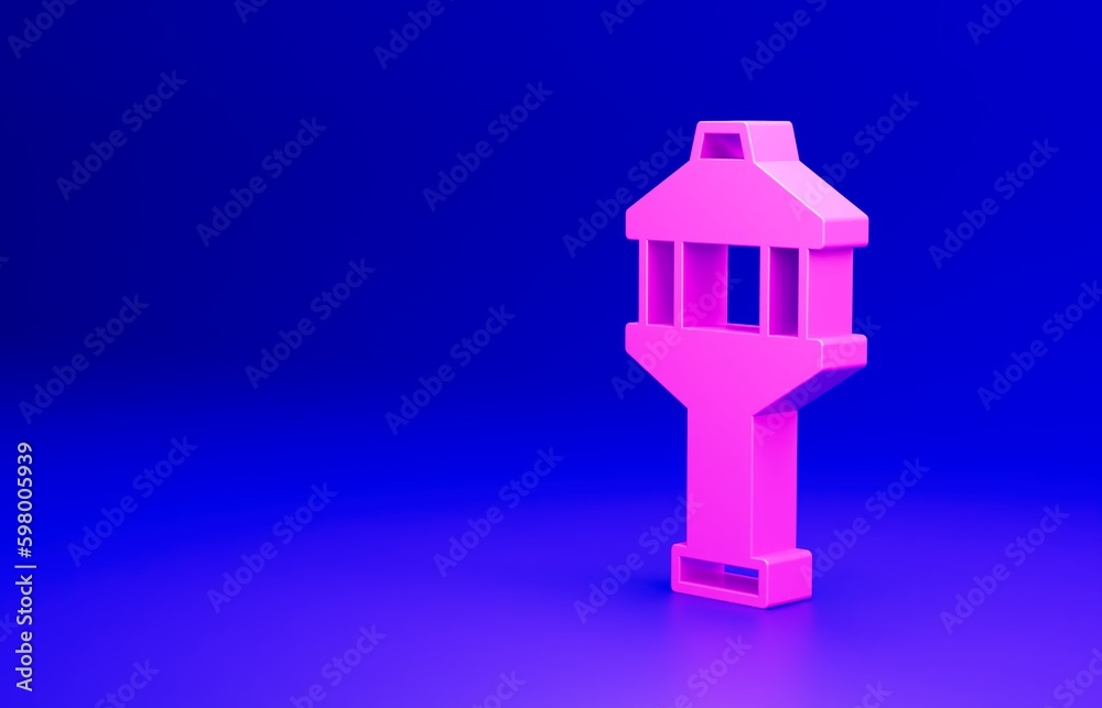 Pink Airport control tower icon isolated on blue background. Minimalism concept. 3D render illustration Pink Airport control tower icon isolated on blue background. Minimalism concept. 3D render illustration