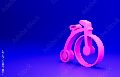 Pink Vintage bicycle with one big wheel and one small icon isolated on blue background. Bike public transportation sign. Minimalism concept. 3D render illustration