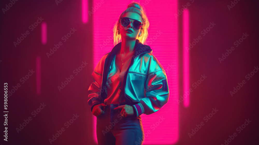 Portrait of a beautiful young lady wearing glasses on retrowave or vaporwave background. Neon blue and pink light. Stylish illustration with copy space. Retro futurism. AI generative image.