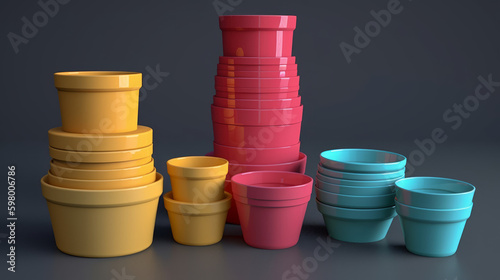 colorful plastic cups on a table, image of 3d plastic cups, generative ai