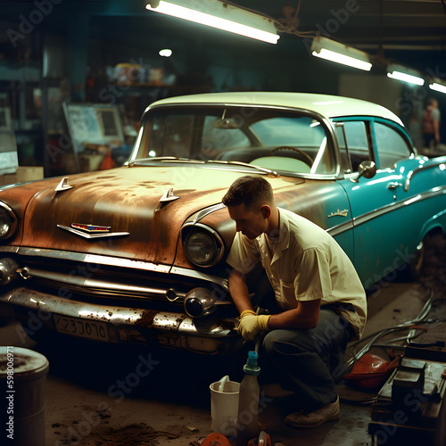 An Auto Mechanic Working in a Brightly-lit Garage, Covered in Grease