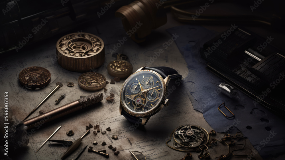 Designed hand watch on a table, generative ai Designed hand watch on a table, generative ai