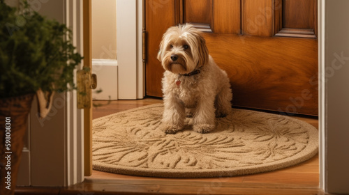 dog on the porch, dog waiting on indoor dormat, generative ai photo