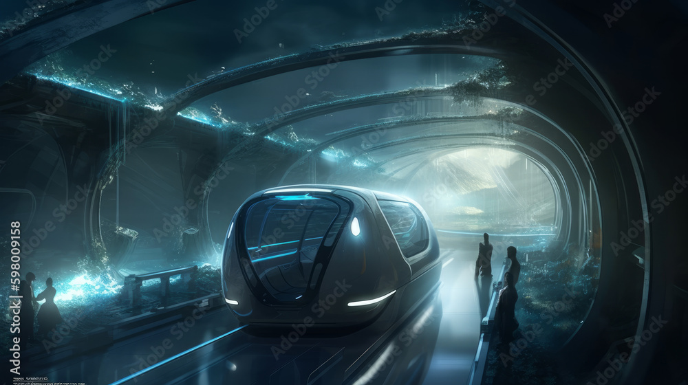 a futuristic train in a light tunel, generative ai