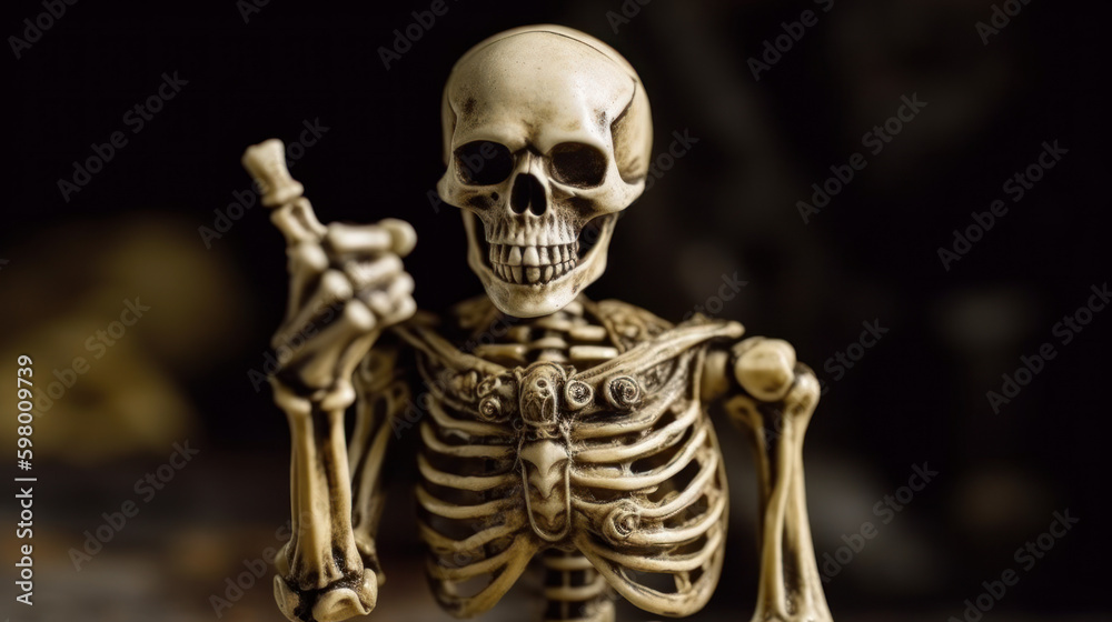 A medieval skeleton miniature with rised hand, generative ai A medieval skeleton miniature with rised hand, generative ai