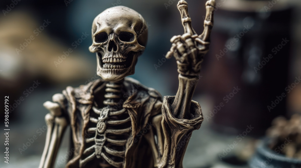 A medieval skeleton miniature with rised hand, generative ai A medieval skeleton miniature with rised hand, generative ai