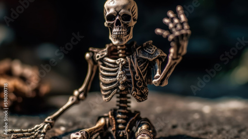 A medieval skeleton miniature with rised hand, generative ai