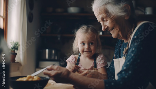 Grandma spending time with her granddaughter. Family concept. Generative AI illustrations