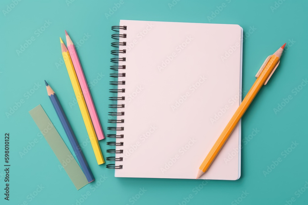 Top view pastel notebook with pencil and stationery on navy blue table background Top view pastel notebook with pencil and stationery on navy blue table background
