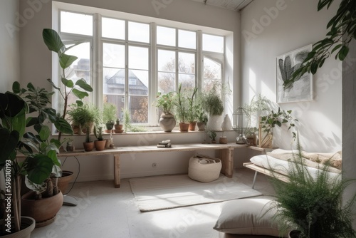 Modern minimal bed room with plants with earthy finish  AI Image