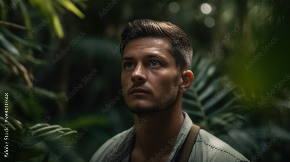 A photo of an attractive man in a rainforest, generative ai A photo of an attractive man in a rainforest, generative ai