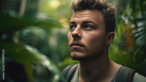 A photo of an attractive man in a rainforest, generative ai