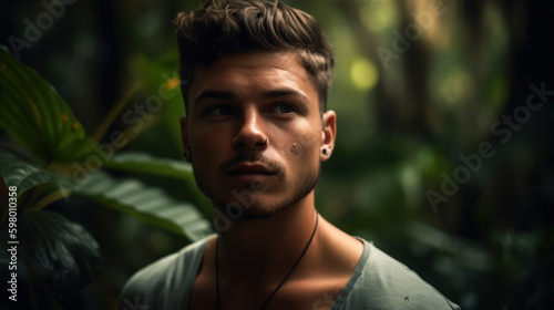 A photo of an attractive man in a rainforest, generative ai