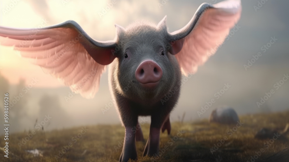 A pig with a giant pair of wings, generative ai A pig with a giant pair of wings, generative ai