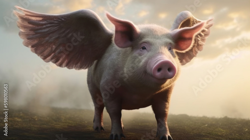 A pig with a giant pair of wings, generative ai