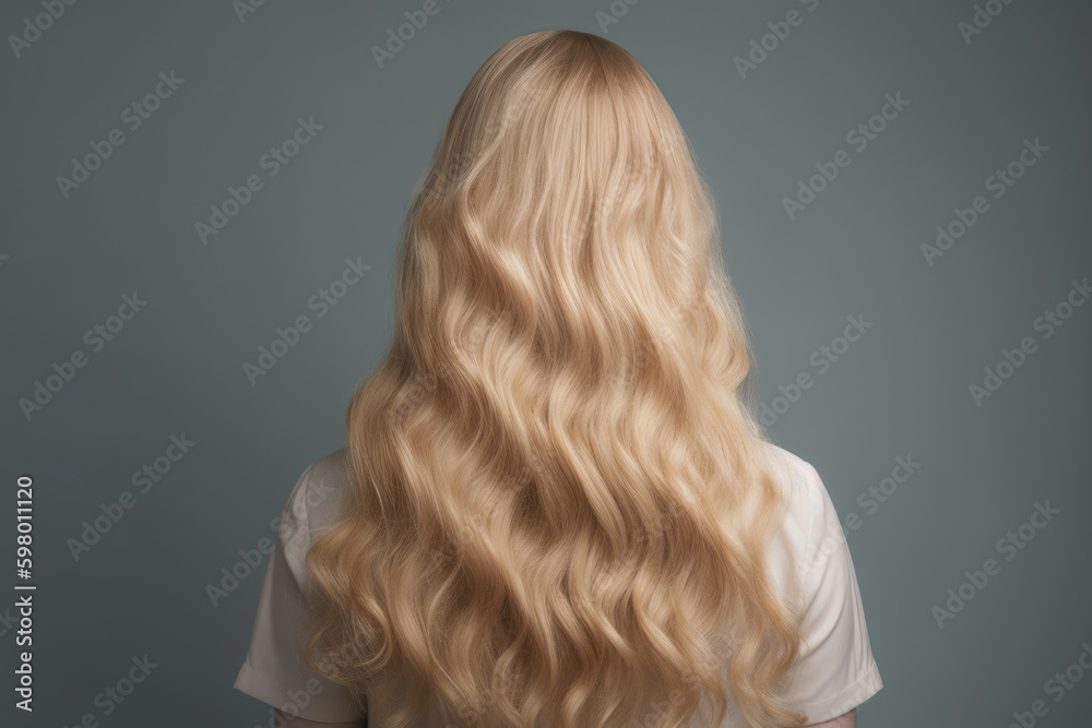 Fototapeta premium Curly blond hair closeup, no face. Back view of beautiful blond woman with long wavy hair