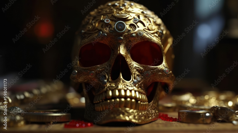 A skull made of gold with ruby eyes, generative ai