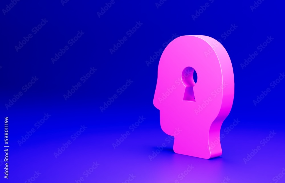 Pink Solution to the problem in psychology icon isolated on blue background. Key. Therapy for mental health. Minimalism concept. 3D render illustration Pink Solution to the problem in psychology icon isolated on blue background. Key. Therapy for mental health. Minimalism concept. 3D render illustration