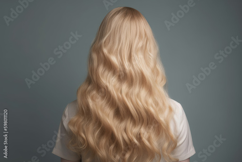Curly blond hair closeup, no face. Back view of beautiful blond woman with long wavy hair