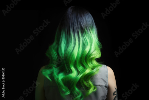 Beauty fashion woman with colorful green dyed hair, view from back. Hair salon, care and beauty hair products, trendy coloring © Kateryna