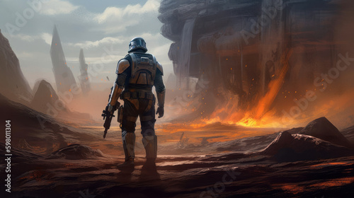 A stunning paint of the mandalorian walking in a fire valley photo