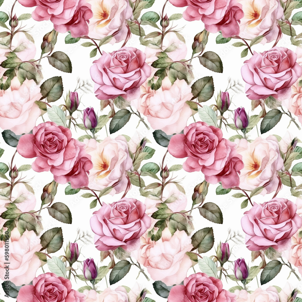 Seamless pattern with many pink roses on white background in watercolor style. Generative AI.