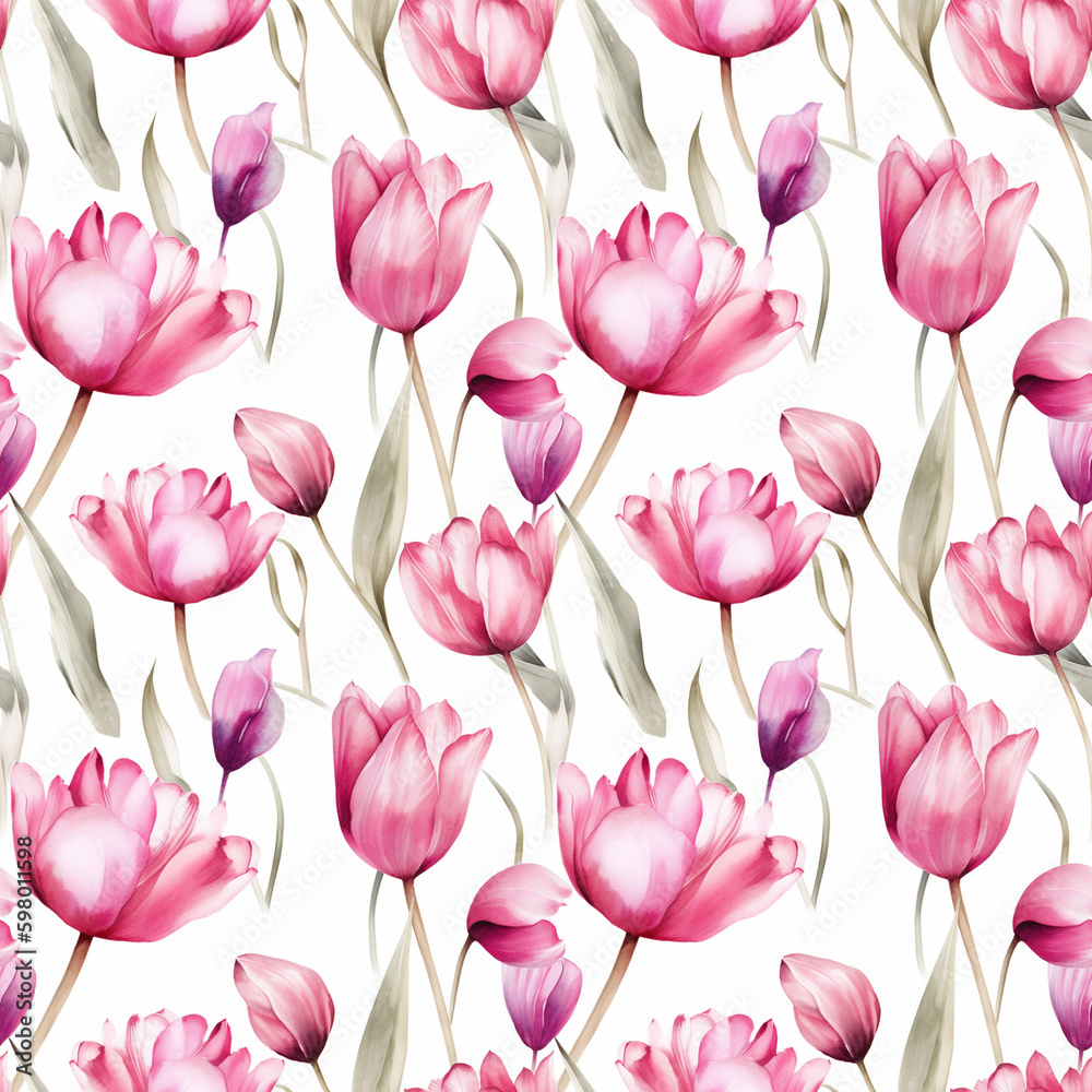 Seamless pattern with many light pink tulips on white background in watercolor style. Generative AI.
