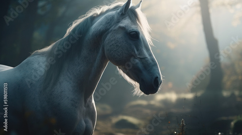 A white horse through a fairyland valley, generative ai © TheGoldTiger