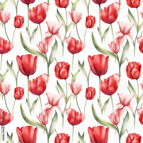 Seamless pattern with many red tulips on white background in watercolor style. Generative AI.