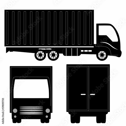 Semi trailer truck silhouette on white background. Vehicle icon set view from side, front, back