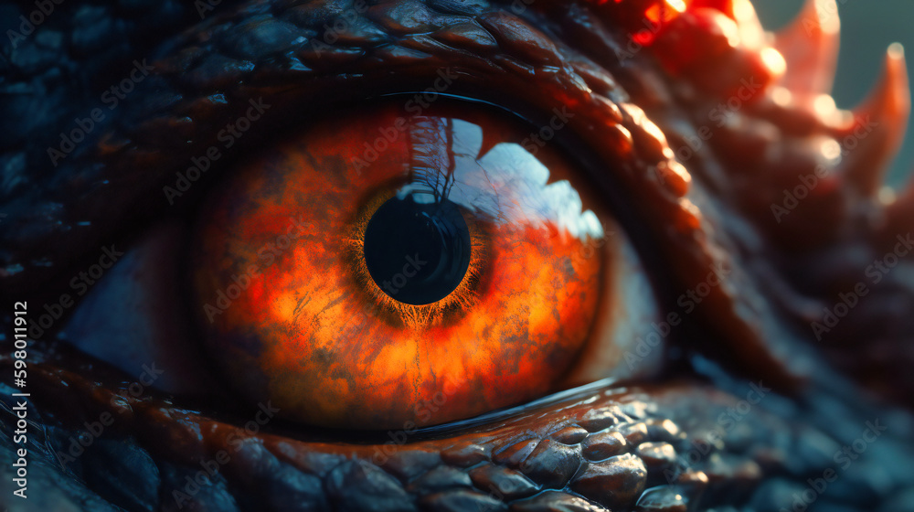 Red Lens Flares Illuminate Dragon's Eye in Close-Up Shot - obrazy, fototapety, plakaty 