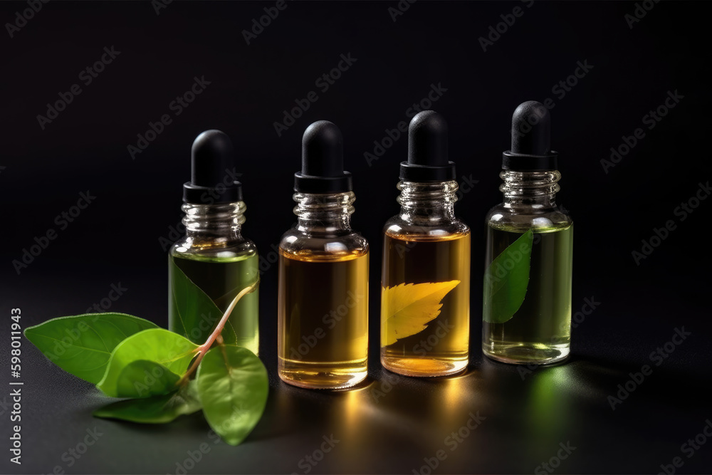 Cosmetic serum in a glass bottles with green leaves. Skin care serum or essential oils, spa and wellness concept. Natural herbal cosmetic, aromatherapy, aromatic oil - obrazy, fototapety, plakaty 