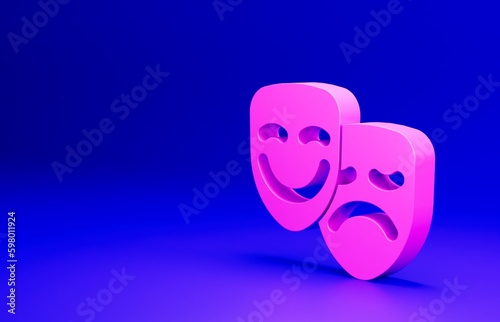 Pink Comedy and tragedy theatrical masks icon isolated on blue background. Minimalism concept. 3D render illustration