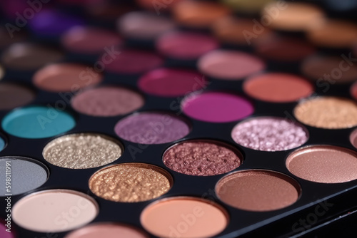 Closeup shot of eyeshadow, cosmetics, makeup. Professional eyeshadow palette macro shot. Eye shadow collection, make up theme