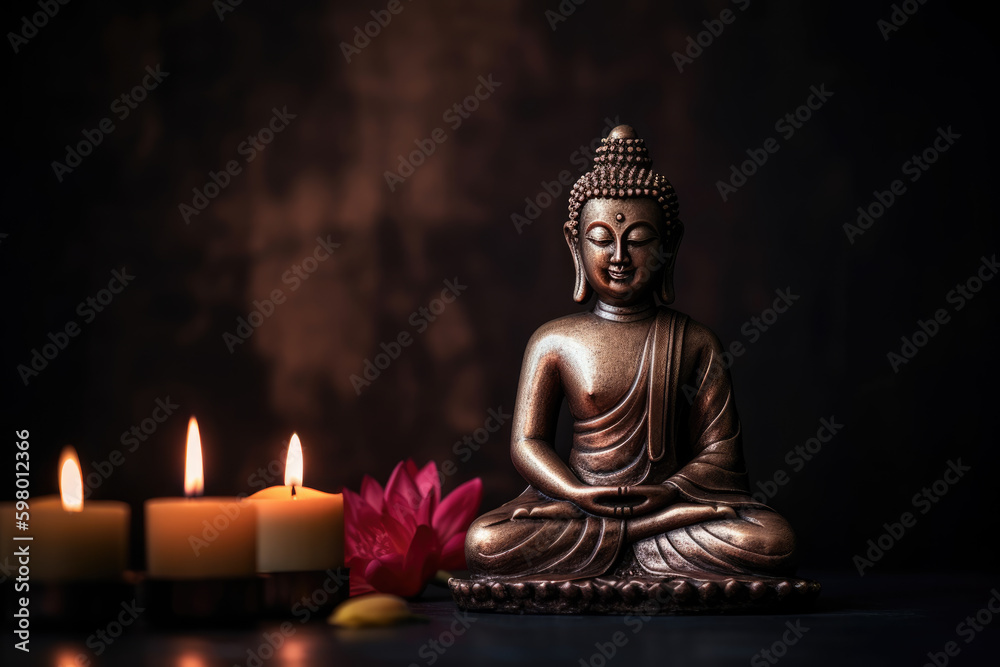 Buddha statue in meditation with lotus flower and burning candles. Meditation, spiritual health, peace, searching zen concept