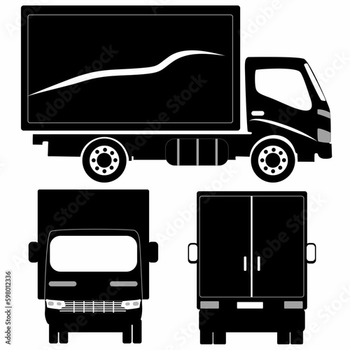 Semi trailer truck silhouette on white background. Vehicle icon set view from side, front, back