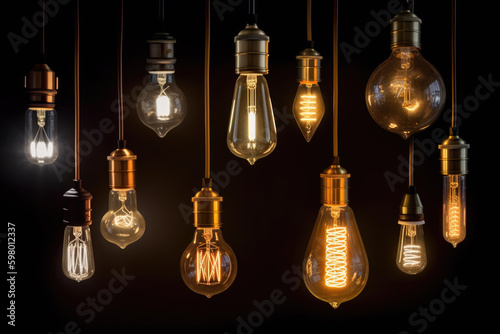 Decorative antique Edison style light bulbs, different shapes of retro lamps on dark background. Cafe or restaurant decoration details. Set of vintage glowing light bulbs, loft interior