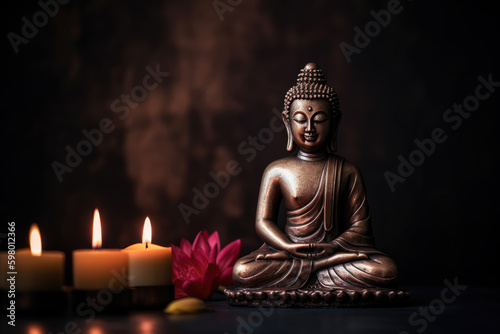 Buddha statue in meditation with lotus flower and burning candles. Meditation  spiritual health  peace  searching zen concept
