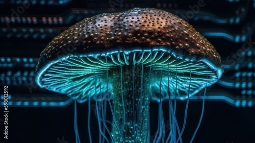 Artifical inteligence and psychodelic mushrooms on blue background, generative ai