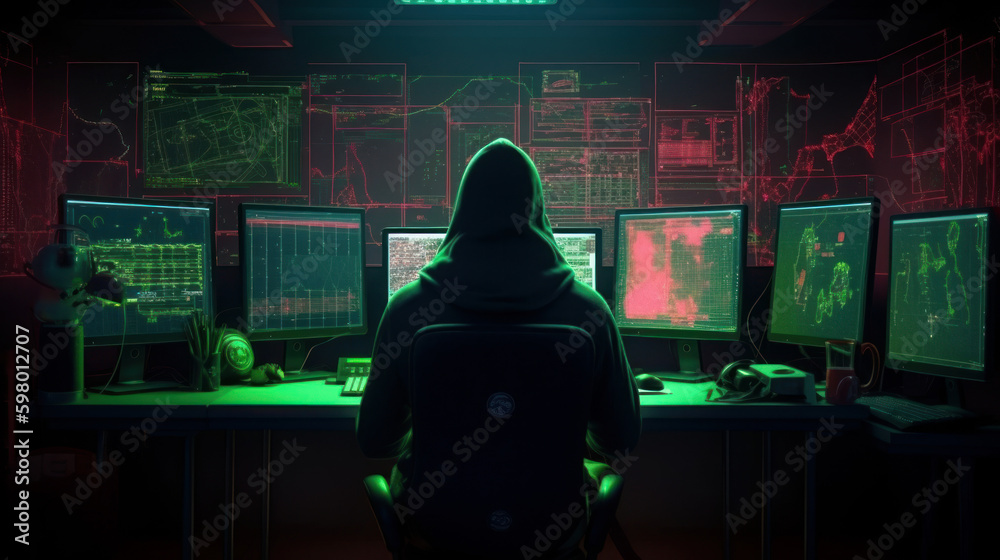 Back view of a nefarious hacker sitting on their chair behind computer, generative ai
