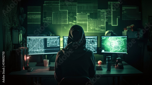 Back view of a nefarious hacker sitting on their chair behind computer, generative ai © TheGoldTiger