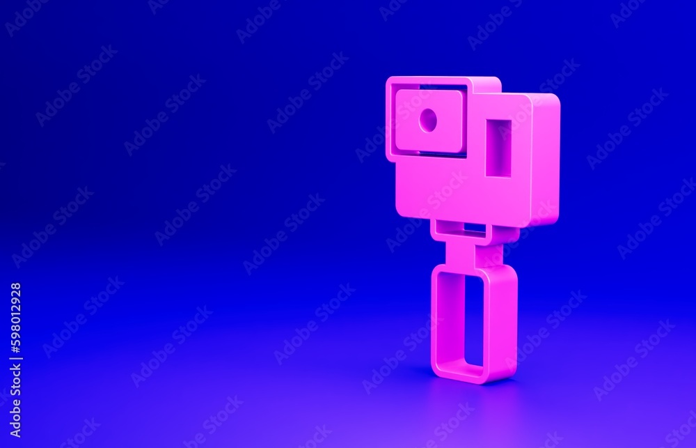Pink Action extreme camera icon isolated on blue background. Video camera equipment for filming extreme sports. Minimalism concept. 3D render illustration Pink Action extreme camera icon isolated on blue background. Video camera equipment for filming extreme sports. Minimalism concept. 3D render illustration