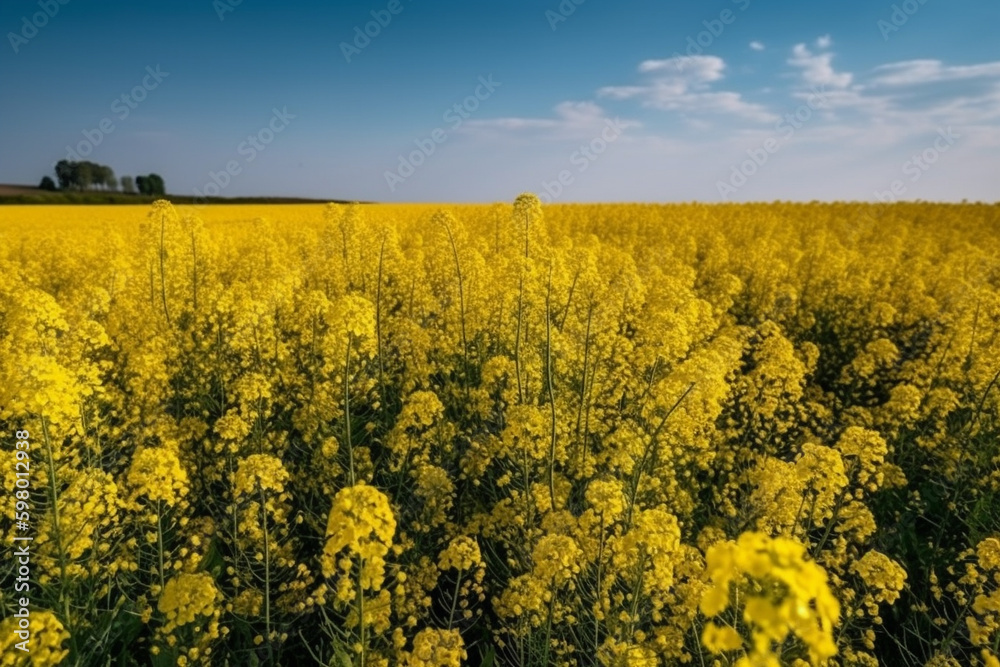 A stunning image of a vast field of bloomed colza against a clear blue sky, representing the beauty and vibrancy of nature. Ai generated.