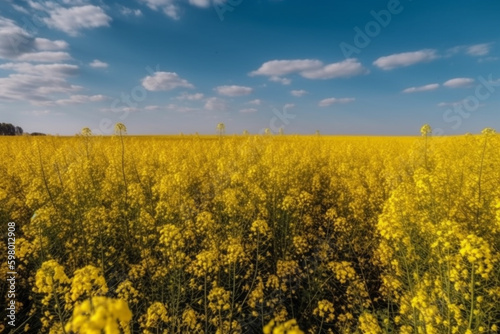 A stunning image of a vast field of bloomed colza against a clear blue sky  representing the beauty and vibrancy of nature. Ai generated.