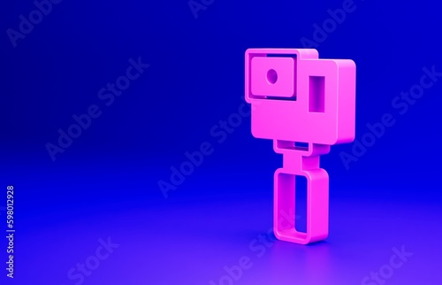 Pink Action extreme camera icon isolated on blue background. Video camera equipment for filming extreme sports. Minimalism concept. 3D render illustration