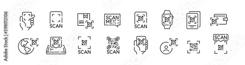 Scan qr-code with your smartphone. Quick contact payment using your camera. Pixel perfect, editable stroke icons